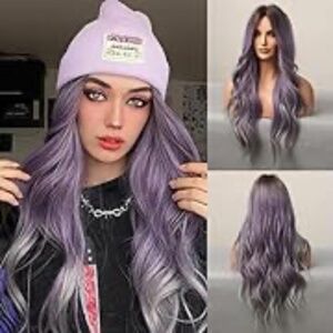 Long purple wig with tussles of curls at the end. Looks real!
